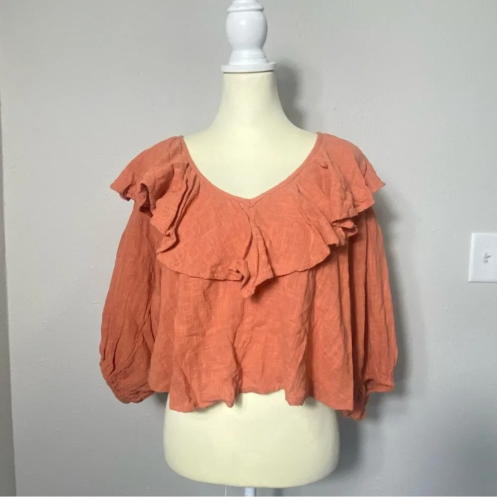 Free People Zuri Ruffle Open Back Cotton Blouse Ginger Spice Women's Size Small